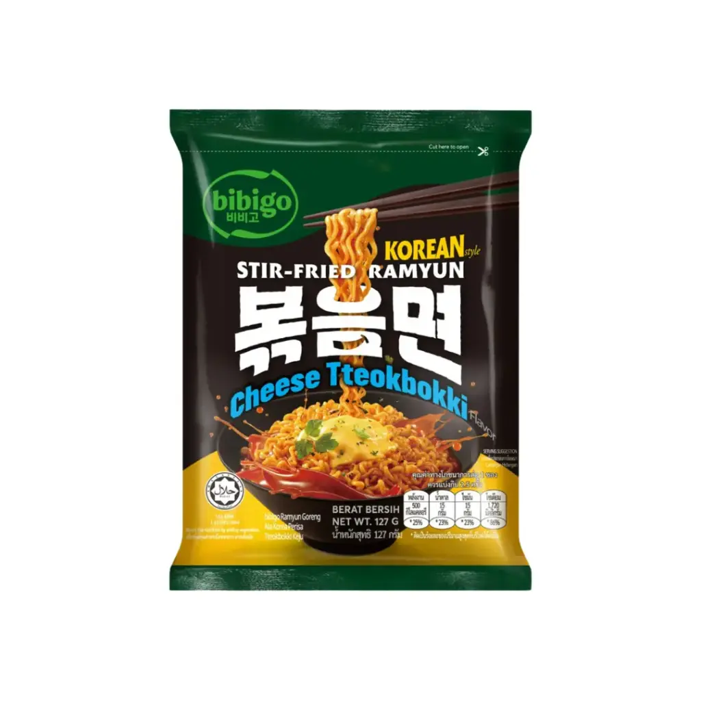 BIBIGO CHEESE TTEOKBOKKI STIR-FRIED RAMYUN 127G                                                                         بيبيجو جبنة تيوكبوكي راميون مقلية 127 جم