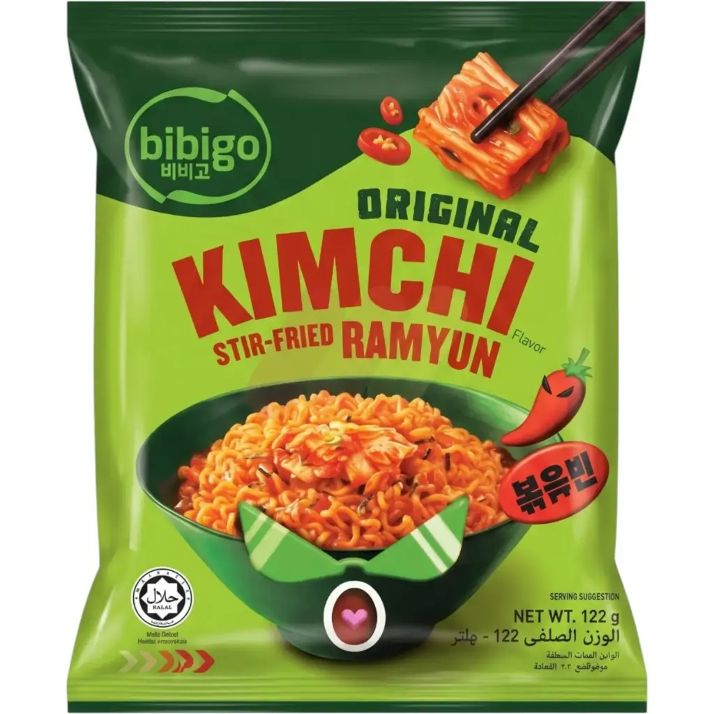 CJ BIBIGO STIR FRIED KIMCHI TTEOKBOKKI RAMYUN NOODLE 122G سي جي بيبيجو نودلز كيمتشي تيتيوكبوكي راميون المقلية 122 جم                                                                       