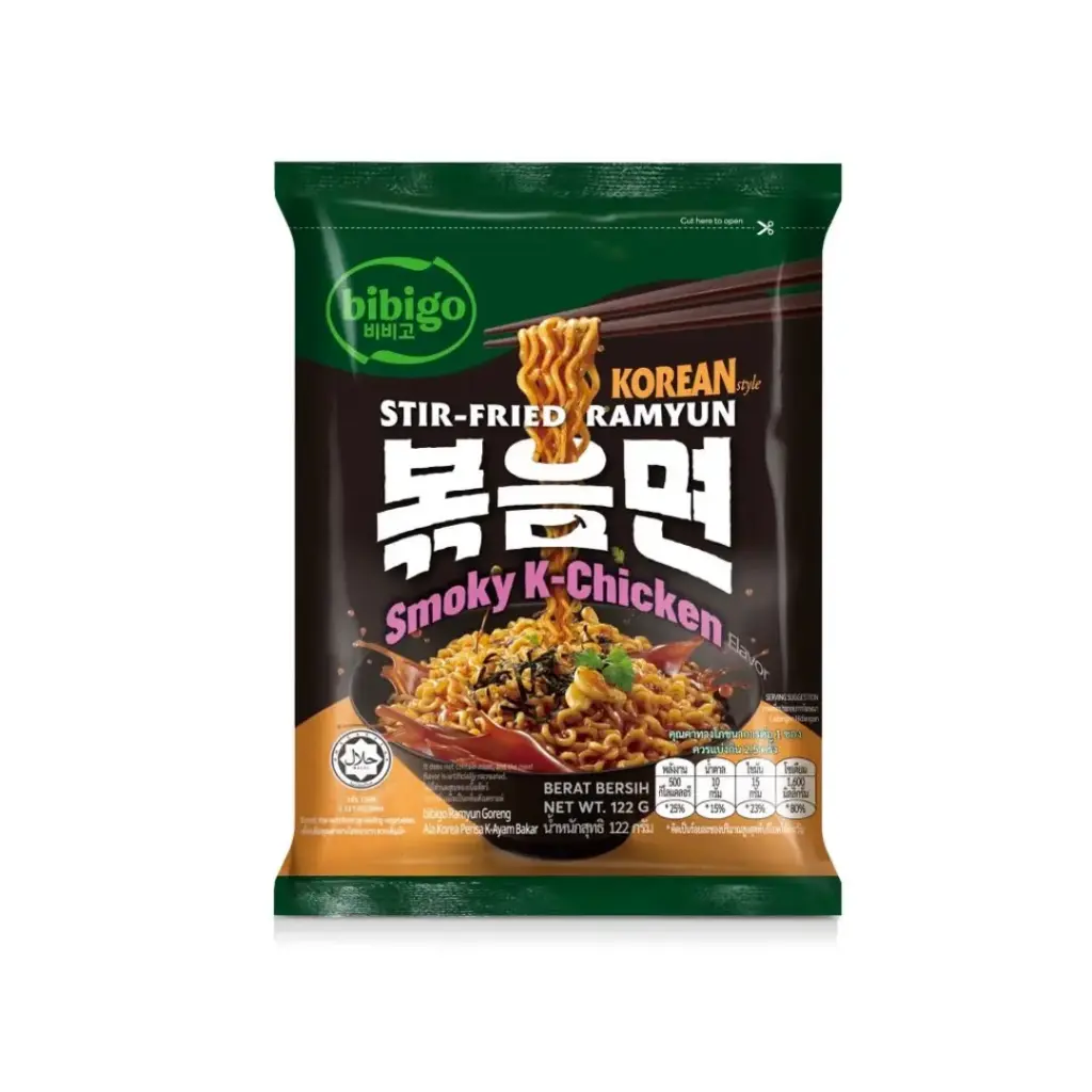 BIBIGO SMOKY K-CHICKEN TTEOKBOKKI STIR-FRIED RAMYUN 122G                                                        بيبيجو مدخن ك-دجاج تيوكبوكي راميون مقلي 122 جم
