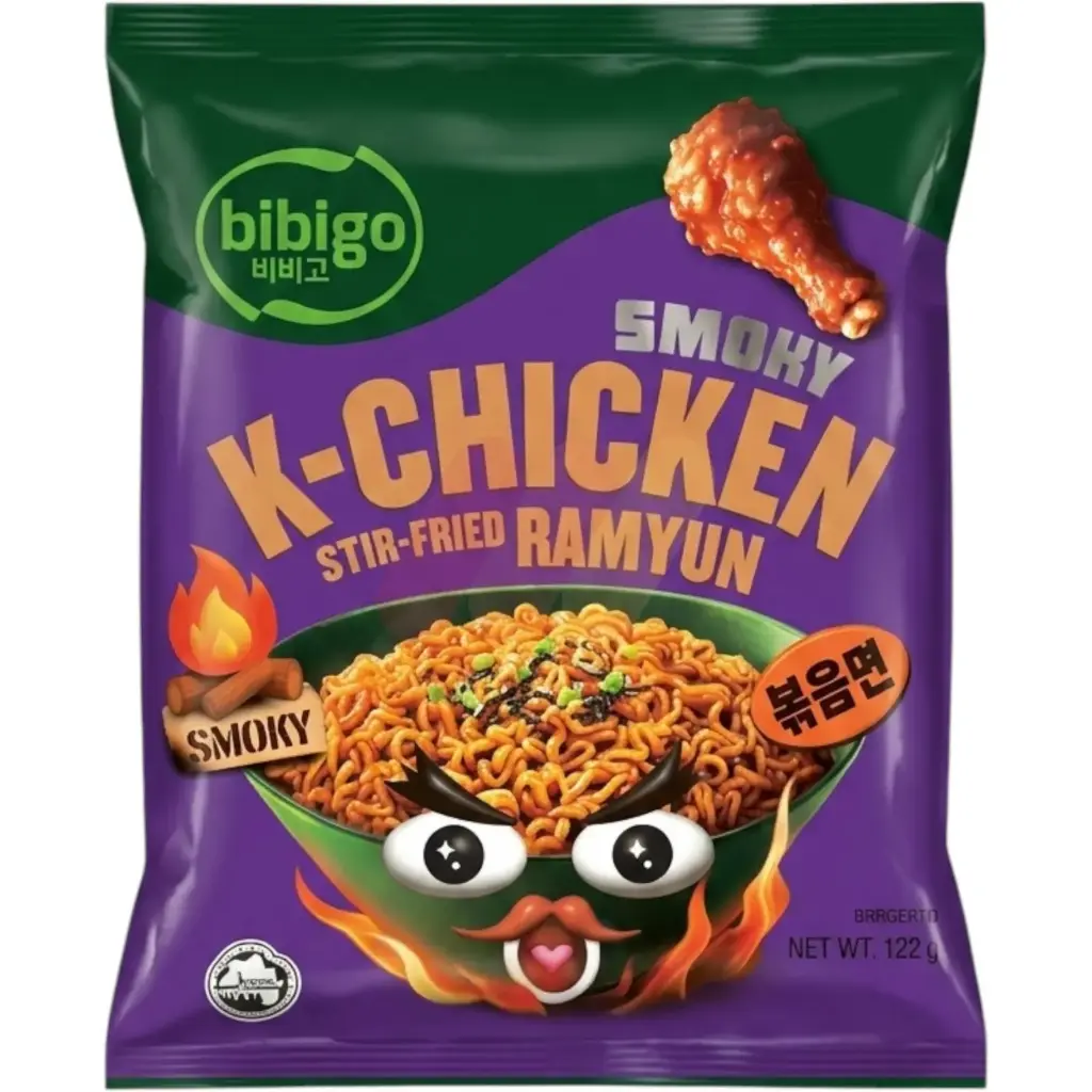 CJ BIBIGO SMOKY K-CHICKEN TTEOKBOKKI STIR-FRIED RAMYUN NOODLE 122G سي جيه بيبيجو دجاج مدخن على طريقة تيوكبوكي، نودلز راميون مقلية 122 غرام                                     
