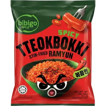 CJ BIBIGO SPICY TTEOKBOKKI FLAVOR STIR-FRIED RAMYUN NOODLE 122G نودلز راميون مقلية بنكهة تيوكبوكي حارة من سي جيه بيبيجو 122 غرام                                                         