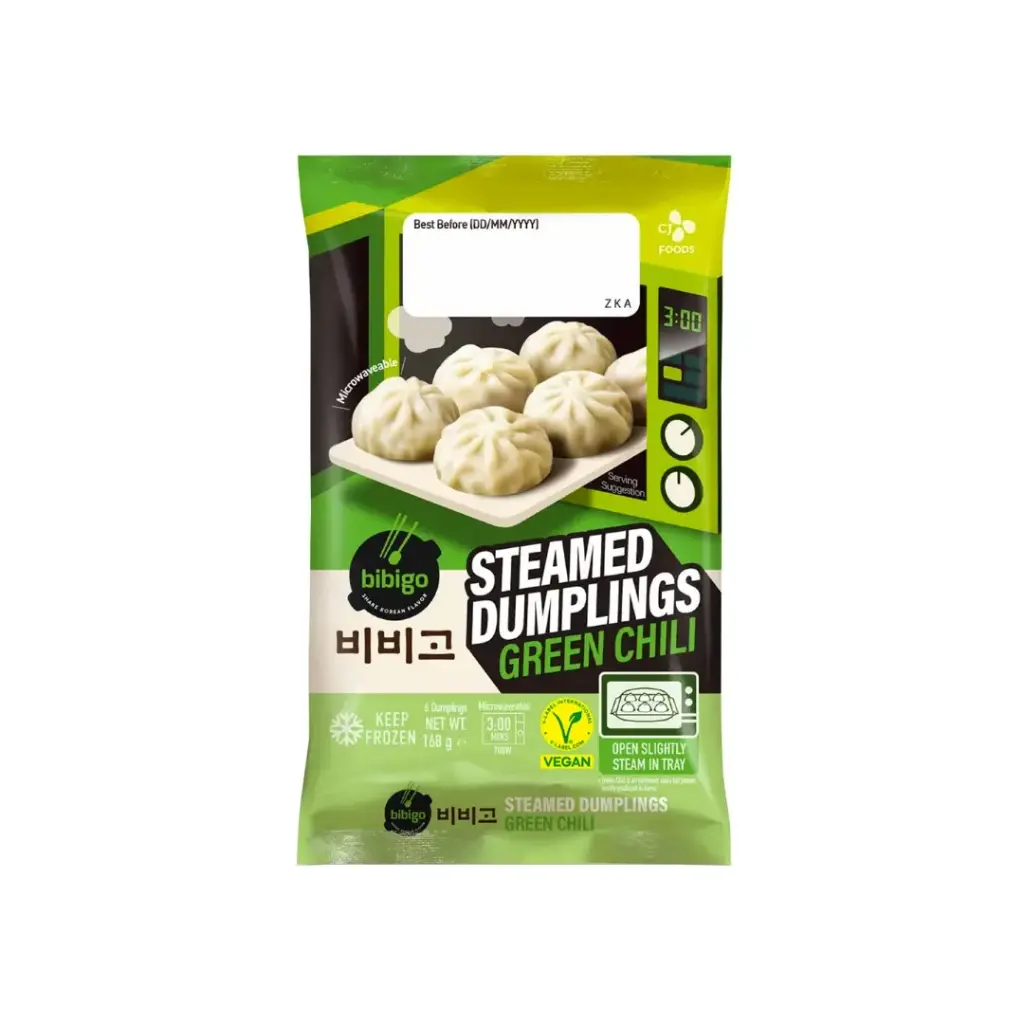 BIBIGO STEAMED DUMPLINGS (GREEN CHILI) -168G                                       زلابية بيبيجو المطهوة على البخار (فلفل أخضر حار) - 168 جرام