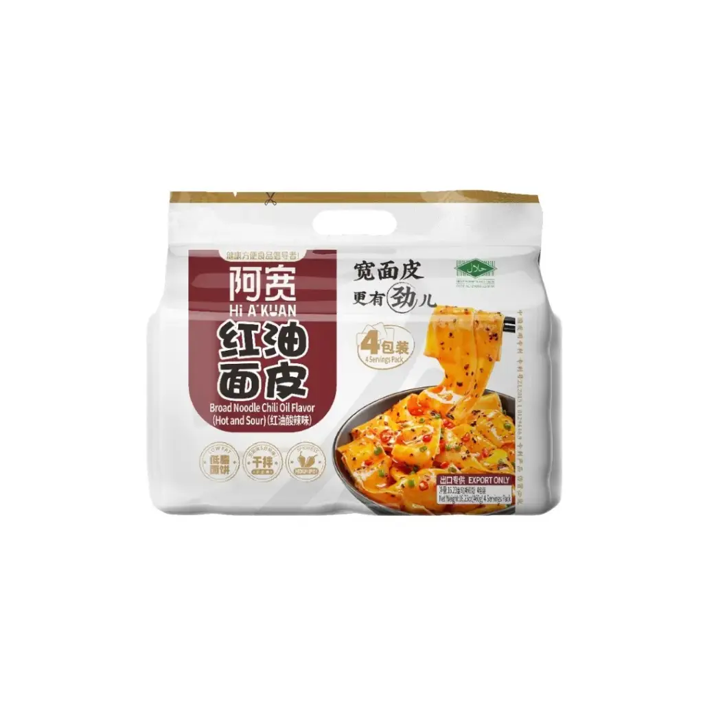 BROAD NOODLE CHILI OIL SOUR & HOT FLAVOR 460G*4 نودلز عريضة بنكهة زيت الفلفل الحار الحامضة والحارة 460 جرام*4                                              