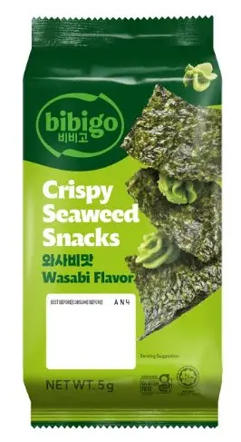 CJ CRISPY SEAWEED SNACKS WASABI 15G وجبات خفيفة من الأعشاب البحرية المقرمشة بنكهة الوسابي من سي جيه 15 غرام                      