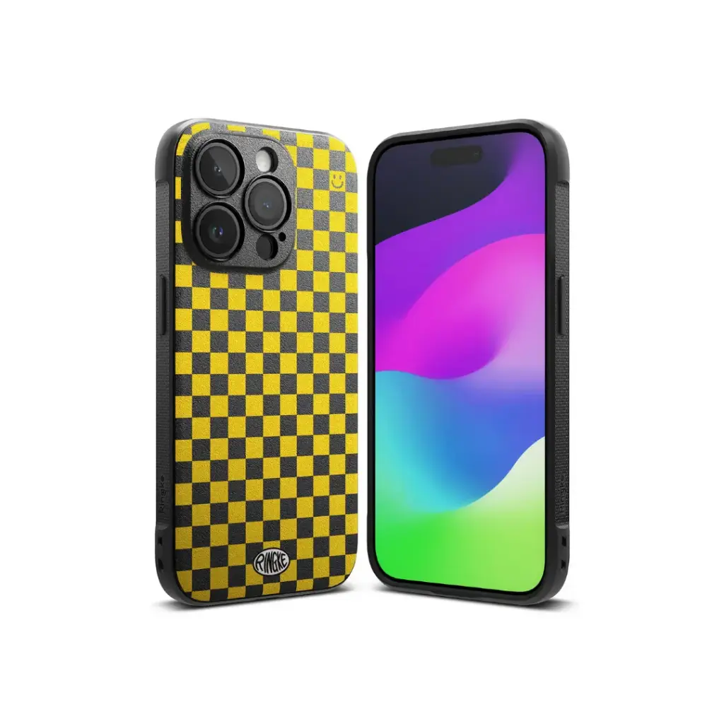 IPHONE 15 PRO MAX- ONYX DESIGN- (CHECKERBOARD YELLOW) آيفون 15 برو ماكس - تصميم أونيكس - (أصفر رقعة الشطرنج)