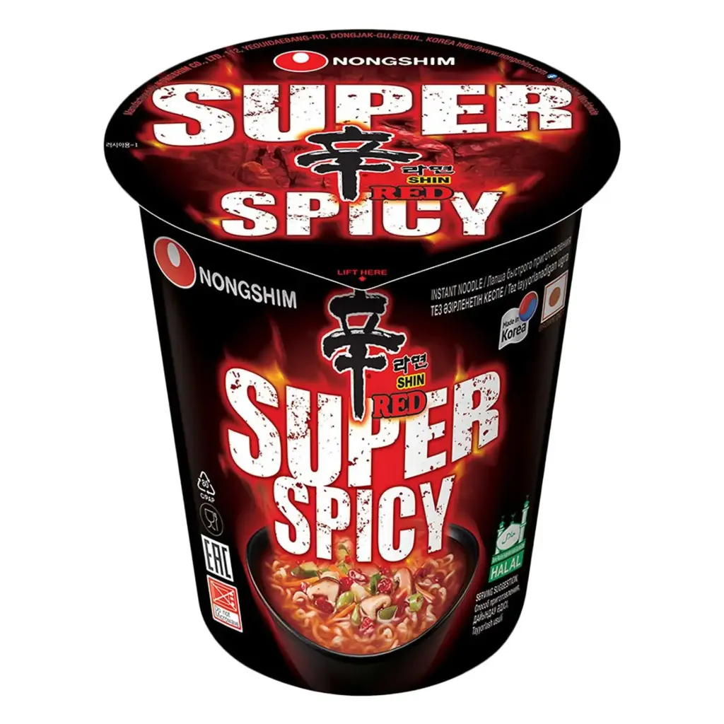 NONGSHIM SHIN RAMYUN RED SUPER SPICY CUP NOODLE 68G نودلز نونغشيم شين راميون الحمراء شديدة الحرارة 68 غرام