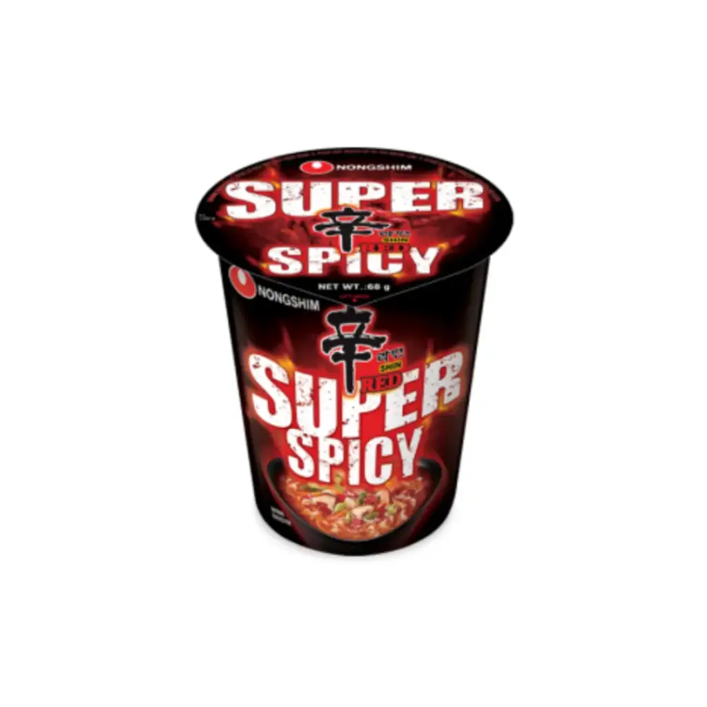 NONGSHIM SHIN RAMYUN RED SUPER SPICY CUP NOODLE 68G نودلز نونغشيم شين راميون الحمراء شديدة الحرارة 68 غرام