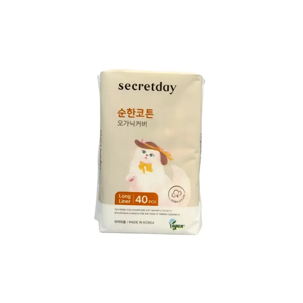 SECRETDAY PURE COTTON ORGANIC COVER LONG LINER-40P فوط صحية طويلة من سيكريت داي، مصنوعة من القطن الخالص العضوي، 40 قطعة