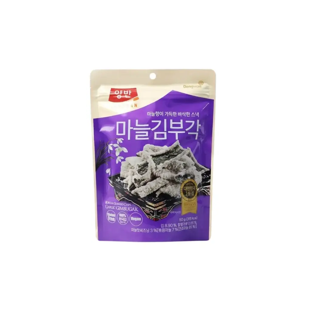 DONGWON KOREAN SEAWEED CHIPS GIMBUGAK (GARLIC) 50G دونج وون رقائق الأعشاب البحرية الكورية كيمبوغاك (الثوم) 50 جرام