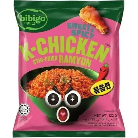 CJ BIBIGO STIR FRIED K CHICKEN RAMYUN NOODLE 122G  نودلز راميون الدجاج المقلي من سي جيه بيبيجو 122 غرام                                                                      