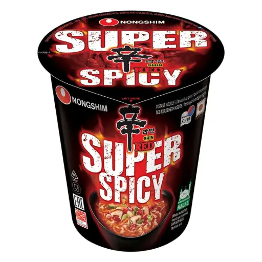 NONGSHIM SHIN RAMYUN RED SUPER SPICY CUP NOODLE 68G نودلز نونغشيم شين راميون الحمراء شديدة الحرارة 68 غرام