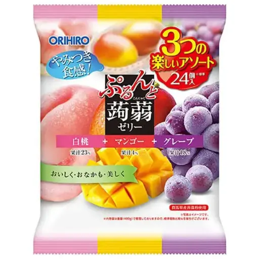 KONNYAKU JELLY MANGO WHITE PEACH GRAPE 480G جيلي كونياكو بنكهة المانجو والخوخ الأبيض والعنب 480 غرام
